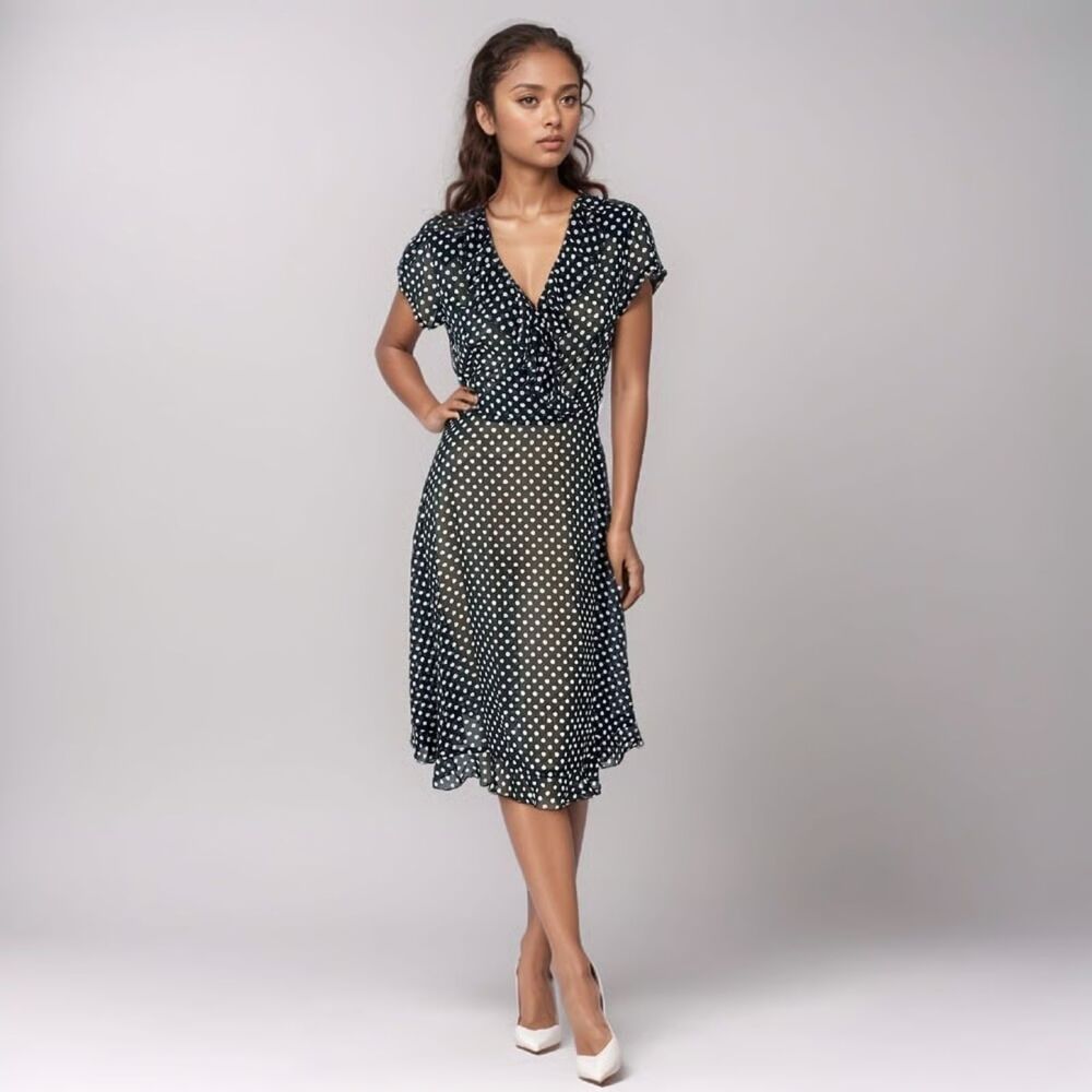 MSK Navy Blue & Pink Polka Dot Faux Wrap Midi Dress Ruffle 4